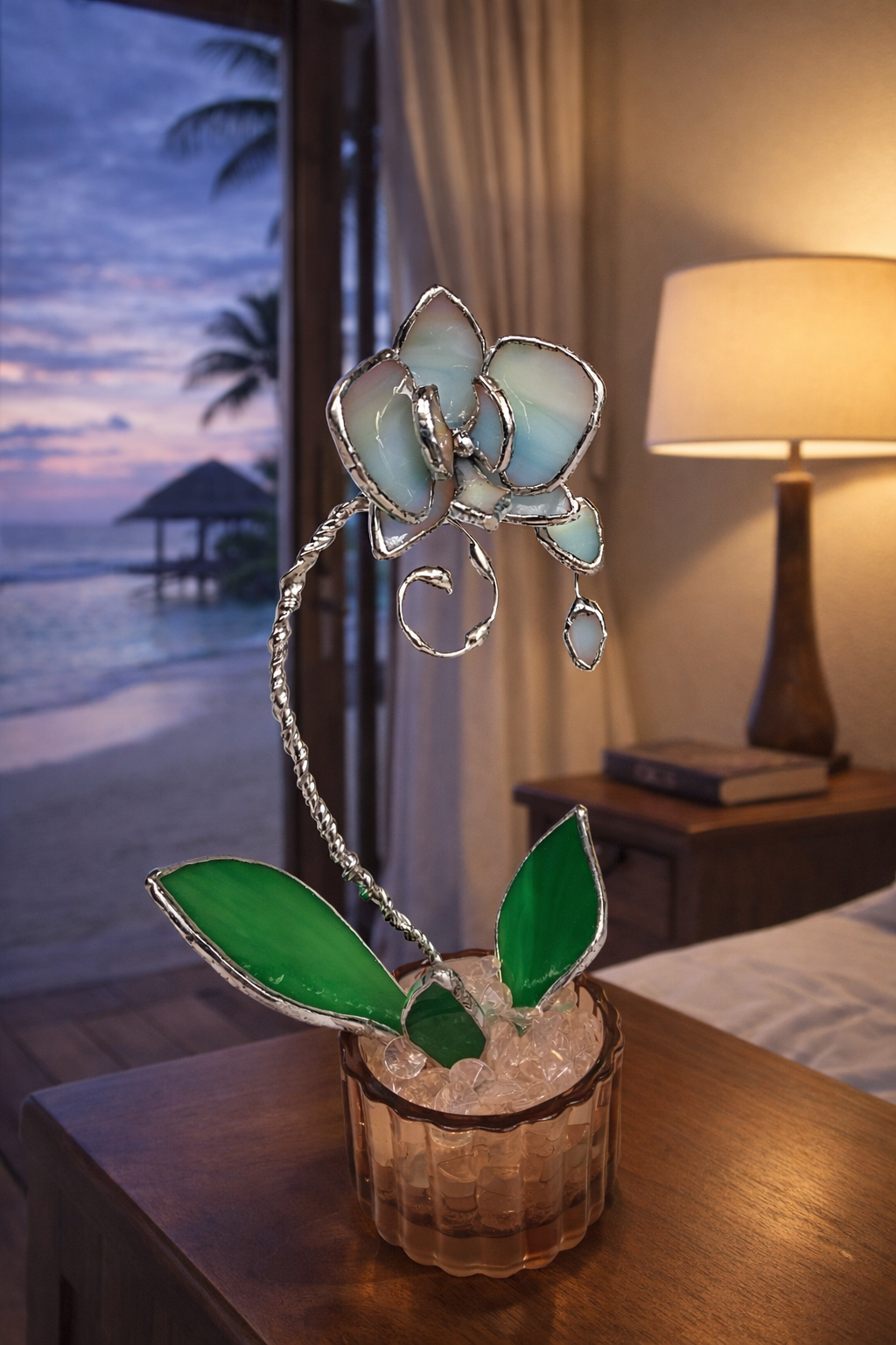 Mini Stained Glass Orchid – Celestial Blossom Veil - Amber  Ribbed Base